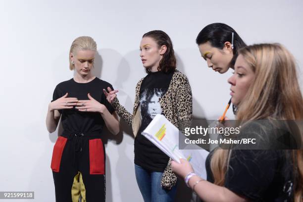 Models are seen backstage ahead of the On|Off Presents show during London Fashion Week February 2018 at BFC Show Space on February 20, 2018 in...