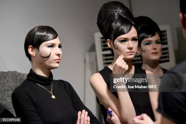 Models are seen backstage ahead of the On|Off Presents show during London Fashion Week February 2018 at BFC Show Space on February 20, 2018 in...