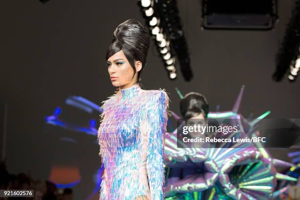 Models walk the runway at the On|Off Presents show during London Fashion Week February 2018 at BFC Show Space on February 20, 2018 in London, England.