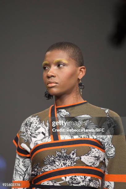 Model walks the runway at the On|Off Presents - Longshaw Ward show during London Fashion Week February 2018 at BFC Show Space on February 20, 2018 in...