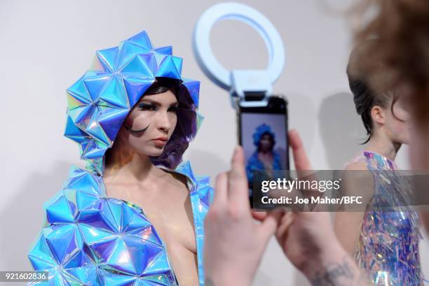 Model backstage ahead of the On|Off Presents show during London Fashion Week February 2018 at BFC Show Space on February 20, 2018 in London, England.