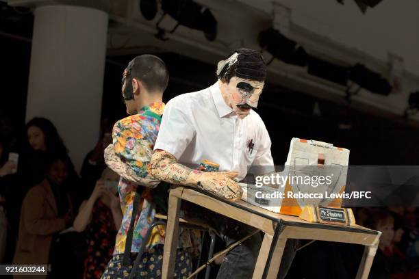 Model walks the runway at the On|Off Presents - Honest Man show during London Fashion Week February 2018 at BFC Show Space on February 20, 2018 in...