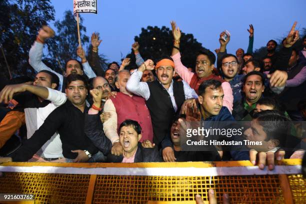 Delhi BJP President Manoj Tiwari leads BJP worker's during the protest demonstration at residence of Chief Minister Arvind Kejriwal against the...
