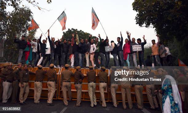 Delhi BJP workers protest outside the residence of Chief Minister Arvind Kejriwal against the violent assault on the Chief Secretary Anshu Prakash on...