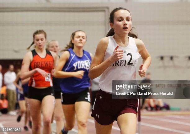 Marin Provencher of Greely races to a third-place finish in the mile, with a time of 5 minutes, 33.92 at the Class B state indoor track championships...