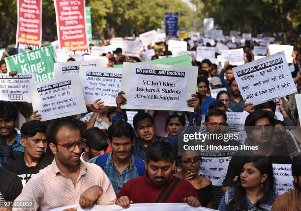 Protest March by students of JNU till Shastri Bhawan saying "VC Hatao JNU Bachao" at Mandi House in on February 20, 2018 in New Delhi, India.