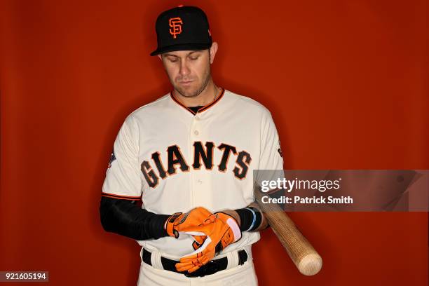 Evan Longoria of the San Francisco Giants poses on photo day during MLB Spring Training at Scottsdale Stadium on February 20, 2018 in Scottsdale,...