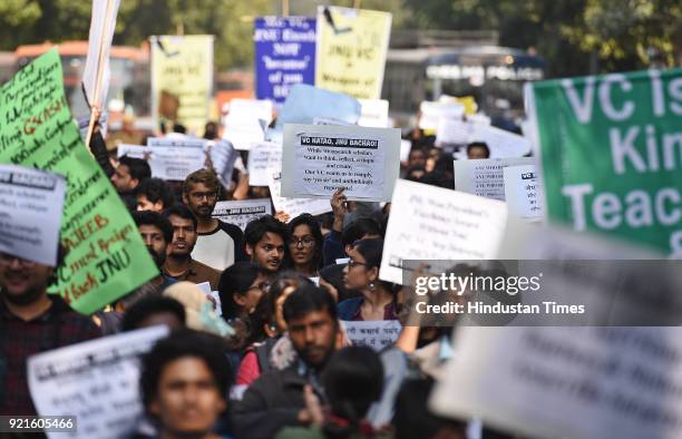 Protest March by students of JNU till Shastri Bhawan saying "VC Hatao JNU Bachao" at Mandi House in on February 20, 2018 in New Delhi, India.