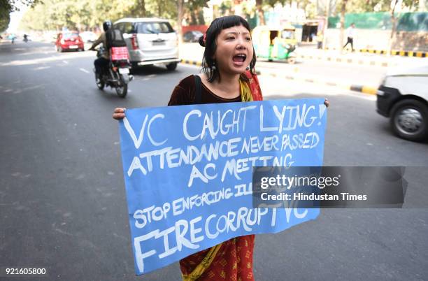 Protest March by students of JNU till Shastri Bhawan saying "VC Hatao JNU Bachao" at Mandi House in on February 20, 2018 in New Delhi, India.