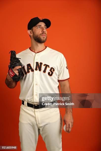 Madison Bumgarner of the San Francisco Giants poses on photo day during MLB Spring Training at Scottsdale Stadium on February 20, 2018 in Scottsdale,...