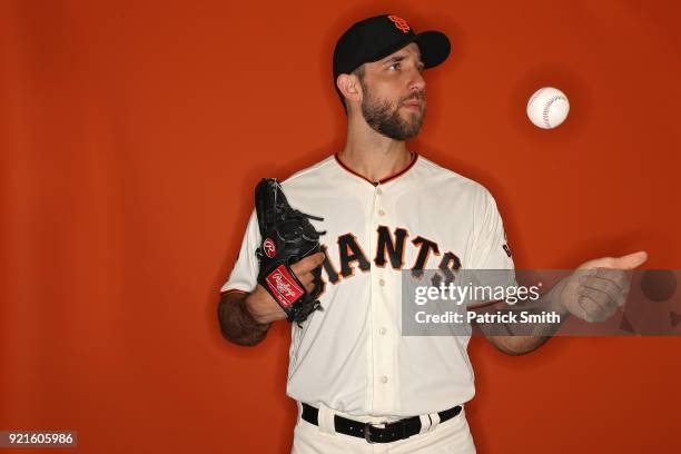 Madison Bumgarner of the San Francisco Giants poses on photo day during MLB Spring Training at Scottsdale Stadium on February 20, 2018 in Scottsdale,...