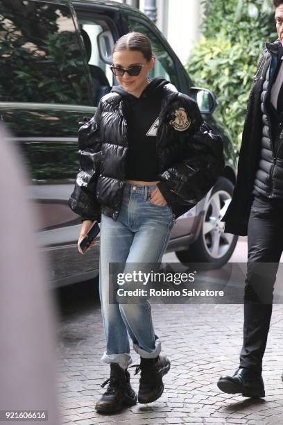 Millie Bobby Brown is seen during Milan Fashion Week Fall/Winter 2018/19 on February 20, 2018 in Milan, Italy.