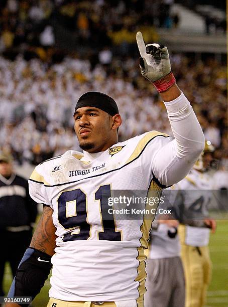 Derrick Morgan of the Georgia Tech Yellow Jackets against the Virginia Tech Hokies at Bobby Dodd Stadium on October 17, 2009 in Atlanta, Georgia.