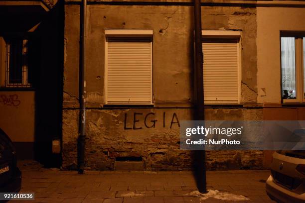 Slogen refering to the local Legia football club is seen in the Praga Poludnie district of Warsaw, Poland on February 20, 2018.