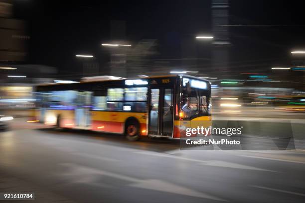 Bus is seen in the Praga district of Warsaw, Poland on February 20, 2018.