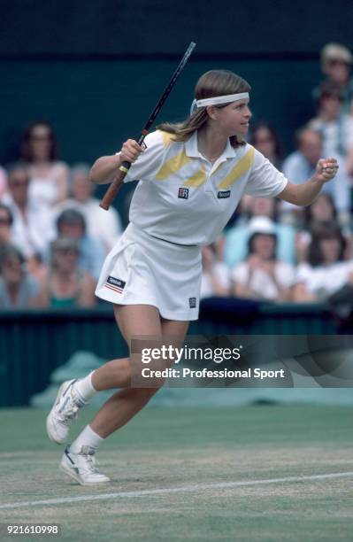 Hana Mandlikova of Czechoslovakia reacts during her Women's Singles Quarter Final match against Jo Durie of Great Britain in the Wimbledon Lawn...