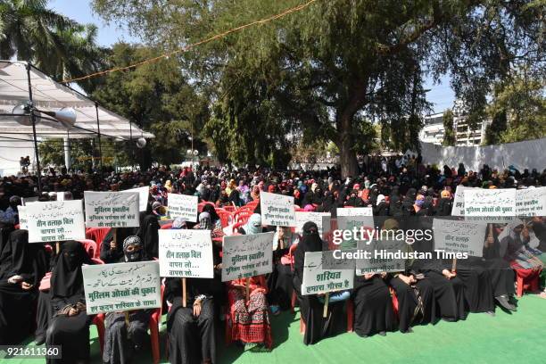 Muslim women take part in a protest rally against Triple Talaq bill organised by women wing of All India Muslim Personal Law Board on February 20,...