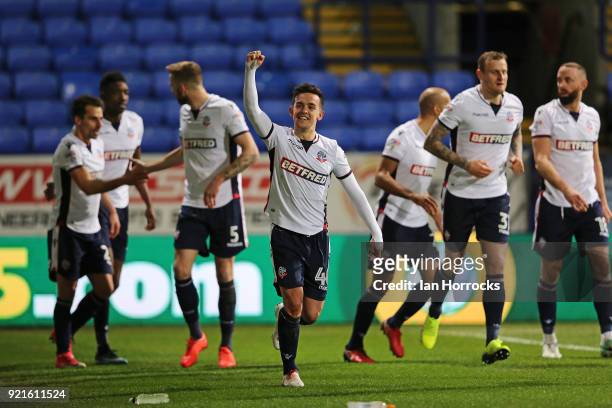 Zach Clough of Bolton celebrates scoring the opening goal during the Sky Bet Championship match between Bolton Wanderers and Sunderland at Macron...