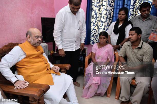 National president Amit Shah meets the family members of Deepak Rao on February 20, 2018 in Surathkal, India. Deepak Rao was a Bajrang Dal activist...