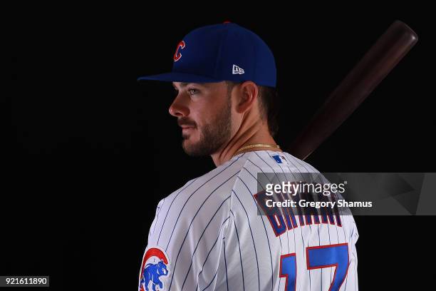 Kris Bryant of the Chicago Cubs poses during Chicago Cubs Photo Day on February 20, 2018 in Mesa, Arizona.