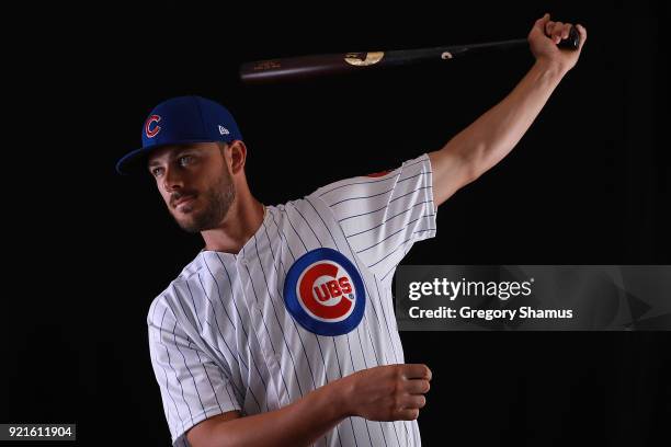 Kris Bryant of the Chicago Cubs poses during Chicago Cubs Photo Day on February 20, 2018 in Mesa, Arizona.