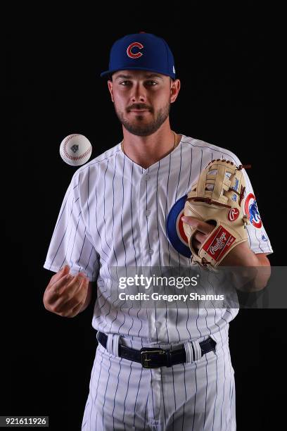 Kris Bryant of the Chicago Cubs poses during Chicago Cubs Photo Day on February 20, 2018 in Mesa, Arizona.