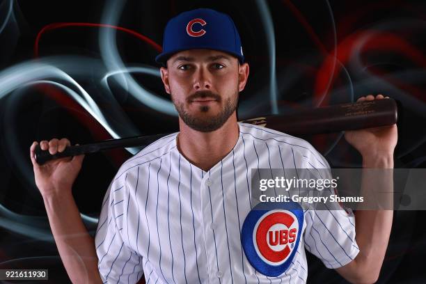 Kris Bryant of the Chicago Cubs poses during Chicago Cubs Photo Day on February 20, 2018 in Mesa, Arizona.