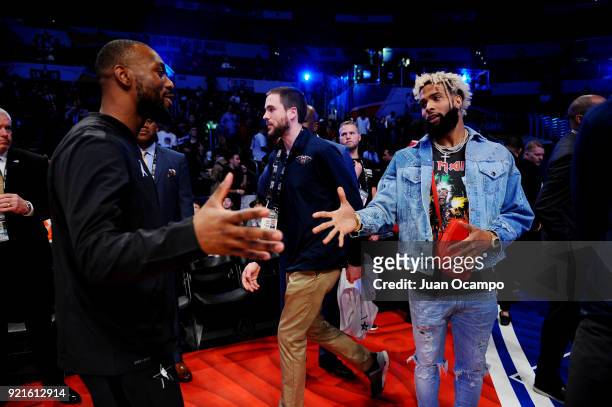 Bradley Beal of the of team Stephen talks with Odell Beckham Jr. During the NBA All-Star Game as a part of 2018 NBA All-Star Weekend at STAPLES...