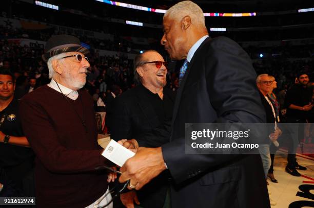 Lou Adler and Julius Erving exchange conversation during the NBA All-Star Game as a part of 2018 NBA All-Star Weekend at STAPLES Center on February...