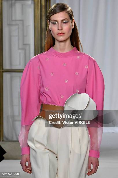 Model walks the runway at the Delpozo Ready to Wear Fall/Winter 2018-2019 fashion show during London Fashion Week February 2018 on February 18, 2018...