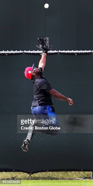 Boston Red Sox centerfielder Jackie Bradley, Jr. Leaps for a fly ball during a spring training workout at the Player Development Complex at Jet Blue...