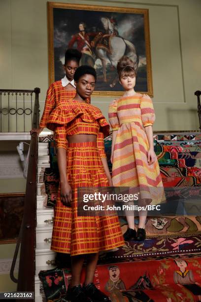 Models pose at the Tata Naka Presentation during London Fashion Week February 2018 on February 20, 2018 in London, England.