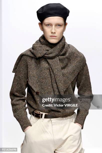 Model walks the runway at the Margaret Howell Ready to Wear Fall/Winter 2018-2019 fashion show during London Fashion Week February 2018 on February...