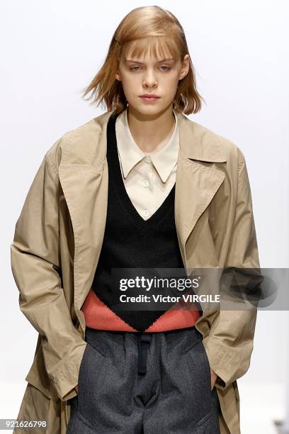 Model walks the runway at the Margaret Howell Ready to Wear Fall/Winter 2018-2019 fashion show during London Fashion Week February 2018 on February...