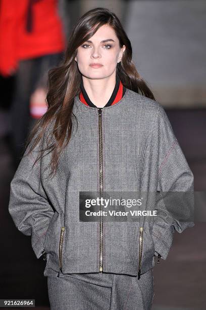 Model walks the runway at the Roland Mouret Ready to Wear Fall/Winter 2018-2019 fashion show during London Fashion Week February 2018 on February 18,...