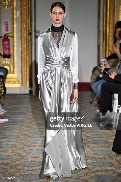 Model walks the runway at the Huishan Zhang Ready to Wear Fall/Winter 2018-2019 fashion show during London Fashion Week February 2018 on February 18,...