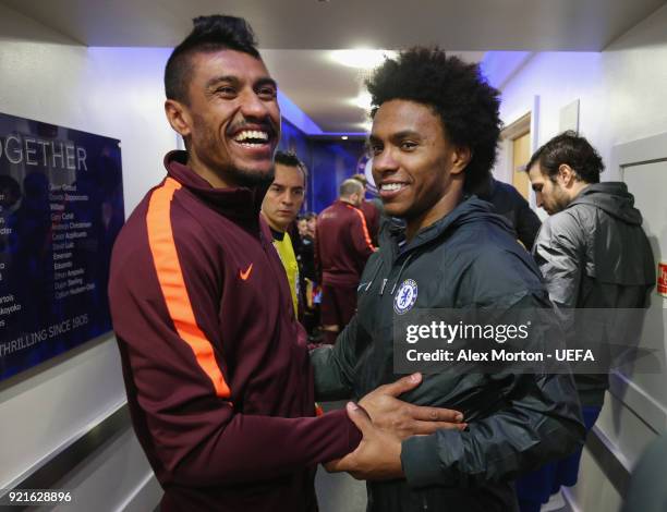 Paulinho of Barcelona and Willian of Chelsea in the tunnel prior to the UEFA Champions League Round of 16 First Leg match between Chelsea FC and FC...