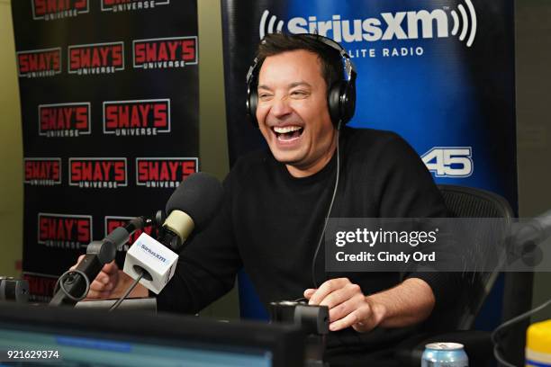 Jimmy Fallon visits 'Sway in the Morning' with Sway Calloway on Eminem's Shade 45 at the SiriusXM Studios on February 20, 2018 in New York City.