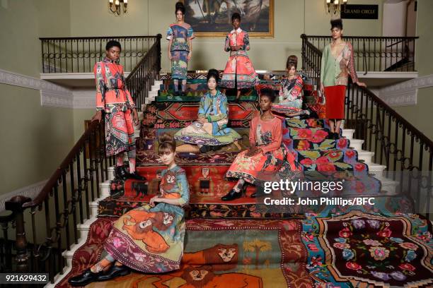 Models pose at the Tata Naka Presentation during London Fashion Week February 2018 on February 20, 2018 in London, England.