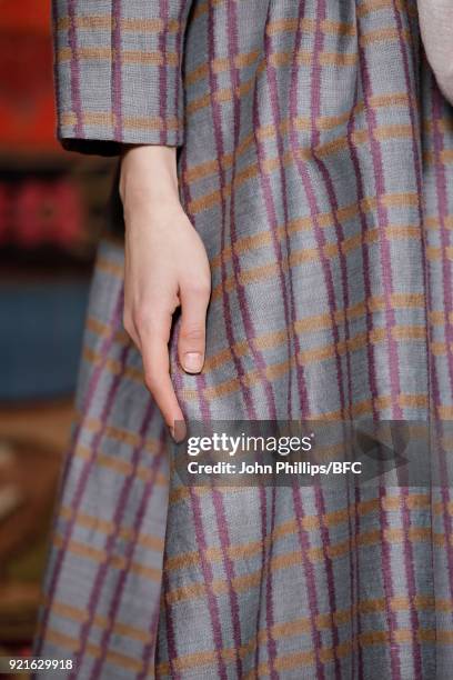 Model poses at the Tata Naka Presentation during London Fashion Week February 2018 on February 20, 2018 in London, England.