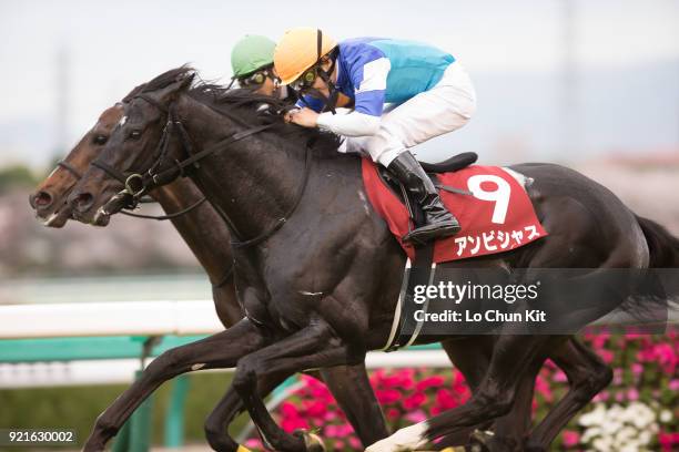 Jockey Norihiro Yokoyama riding Ambitious wins the Osaka Hai at Hanshin Racecourse on April 3, 2016 in Takarazuka, Japan. Yutaka Take riding Kitasan...