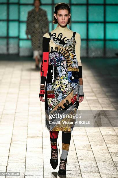 Model walks the runway at the Mary Katrantzou Ready to Wear Fall/Winter 2018-2019 fashion show during London Fashion Week February 2018 on February...