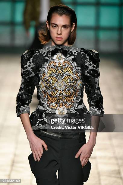 Model walks the runway at the Mary Katrantzou Ready to Wear Fall/Winter 2018-2019 fashion show during London Fashion Week February 2018 on February...