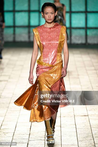 Model walks the runway at the Mary Katrantzou Ready to Wear Fall/Winter 2018-2019 fashion show during London Fashion Week February 2018 on February...