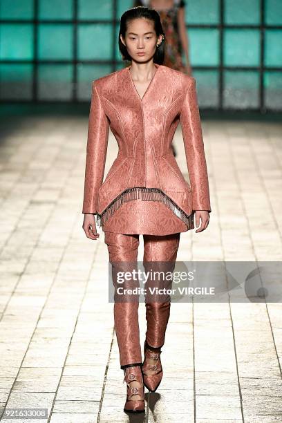 Model walks the runway at the Mary Katrantzou Ready to Wear Fall/Winter 2018-2019 fashion show during London Fashion Week February 2018 on February...