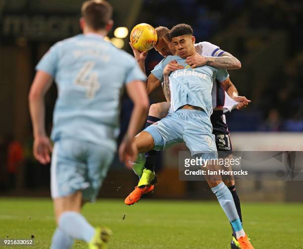 Ashley Fletcher of Sunderland struggles with Bolton captain David Wheater during the Sky Bet Championship match between Bolton Wanderers and...