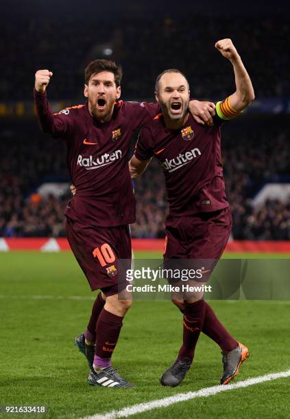 Lionel Messi of Barcelona celebrates with teammate Andres Iniesta after scoring his sides first goal during the UEFA Champions League Round of 16...