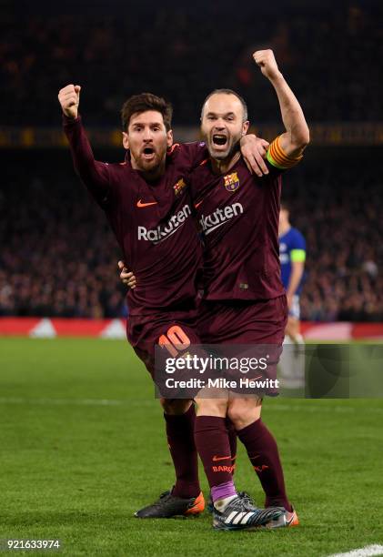 Lionel Messi of Barcelona celebrates with teammate Andres Iniesta after scoring his sides first goal during the UEFA Champions League Round of 16...