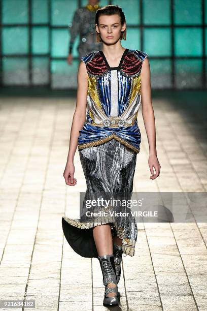 Model walks the runway at the Mary Katrantzou Ready to Wear Fall/Winter 2018-2019 fashion show during London Fashion Week February 2018 on February...