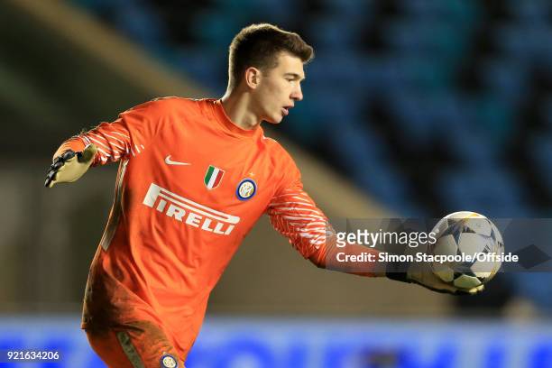 Inter goalkeeper Vladan Dekic in action during the UEFA Youth League Round of 16 match between Manchester City and Inter Milan at Manchester City...